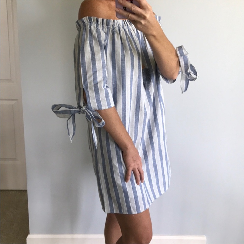 Blue and White Stripe Off the Shoulder Dress - Picture 2 of 6